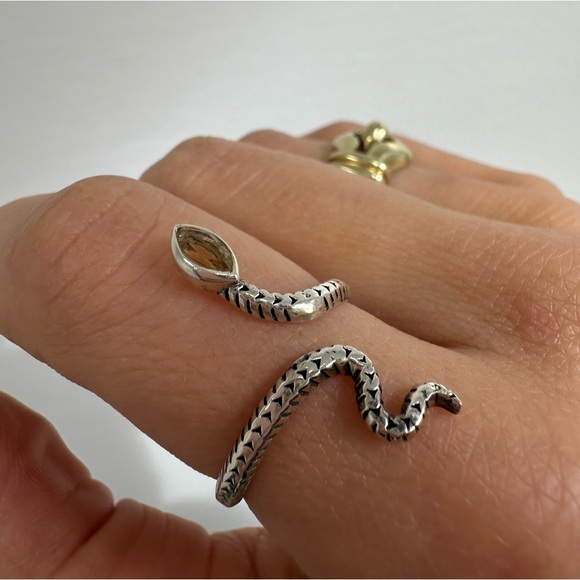 Sterling Silver 925 Citrine Yellow Stone Snake Ring Adjustable Size 7.75 - Picture 4 of 15